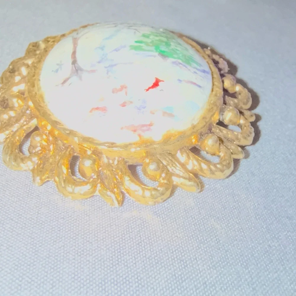 Vintage Hand-Painted Cameo Style Brooch /Pendant - Scenic Winter Landscape